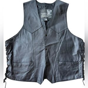 Bikers Dream Apparel Mens Sz 46 Black Leather Vest Snap Front Lace Up Sides USA